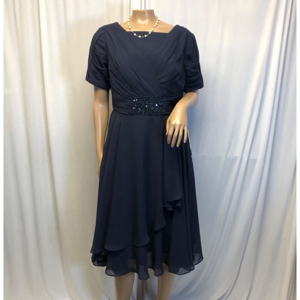 Mingdas Dress Navy Midi Womens Size Small Beaded Waist Mother of Bride Evening